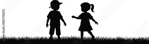 Silhouette of two young children standing on grass outdoors, playful boy and girl interacting in natural environment with simple minimal black illustration.
