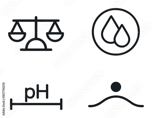 Minimalist black icons: balance, water, ph level, swimmer symbols on dark background
