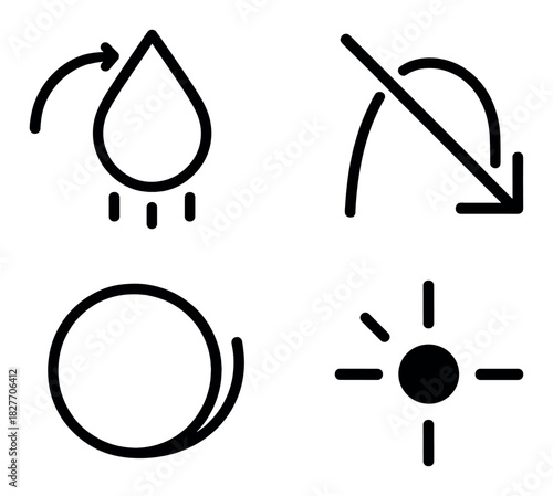 Set of minimalist icons: water drop, no ads, circular motion, brightness