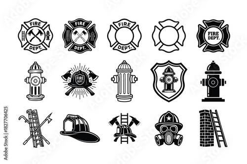 Firefighter Icons Set – Helmets, Axes, Hydrants, Ladders & Badges