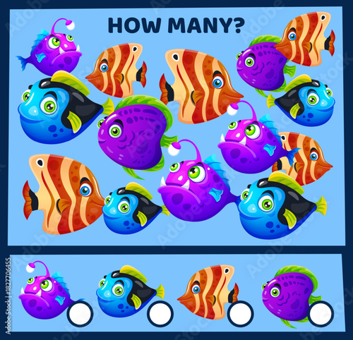 Sea fish. Cartoon underwater animals counting. Workbook test. Kids preschool worksheet. How many clownfish. Find identical goldfish. Sorting quiz. Children logic game. Vector educational puzzle design