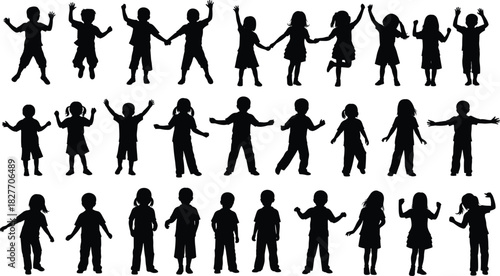 Silhouettes of children playing, jumping, dancing, and standing together in various joyful poses on white background representing childhood fun, happiness, energy, movement.