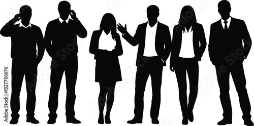 Silhouettes of diverse business professionals standing together representing teamwork, leadership, corporate communication, office collaboration, modern workplace unity,