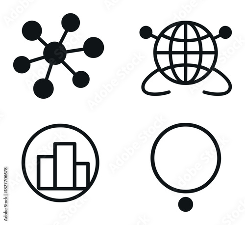 Abstract network and data icons with global and analytical themes
