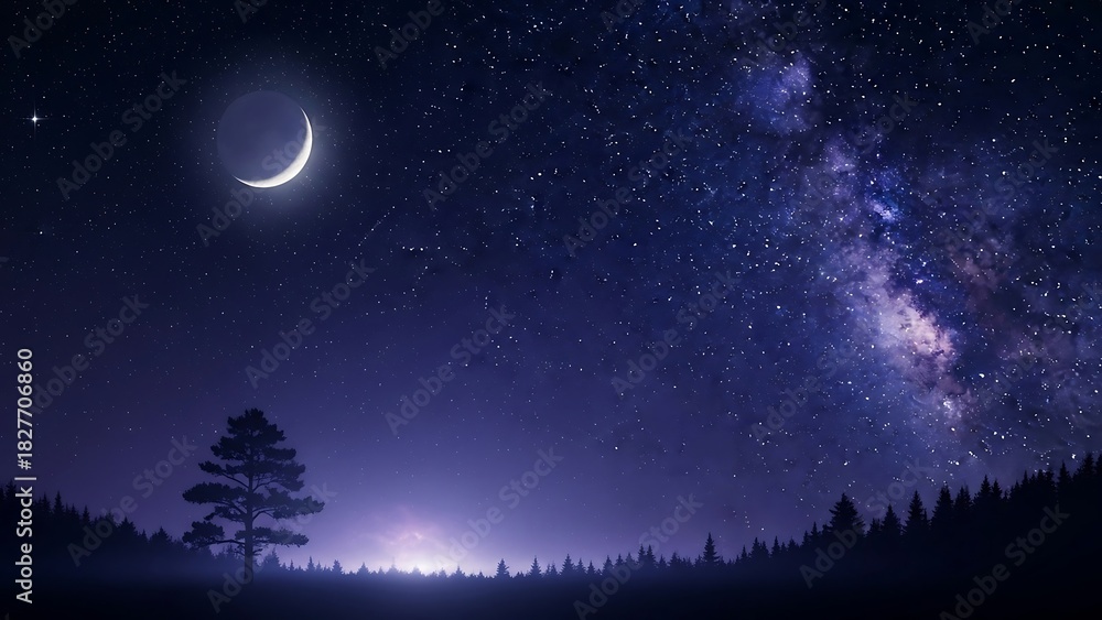 Fototapeta premium Serene Nightscape - Crescent Moon, Starry Sky, and Forest Silhouette.