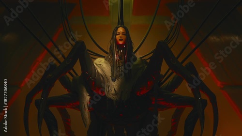 3d animation of beautiful, sad spider girl with long black hair in torn cloak hangs on wires connected to her spine and hacks the security system. Atmospheric volumetric light in futuristic interior.