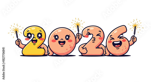 Cute numbers celebrating 2026 New Year with sparklers for festive greeting cards