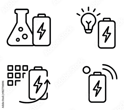 Icon set of sustainable energy sources featuring batteries and innovation concepts
