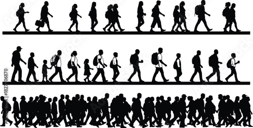 Silhouettes of diverse people walking in groups and lines, representing crowd movement, urban lifestyle, commuting, daily activity, transportation and motion
