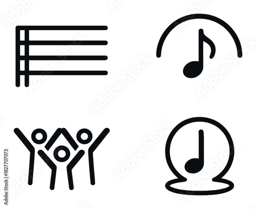 Music icons: sheet notes, melody symbol, group singing, bass clef bubble
