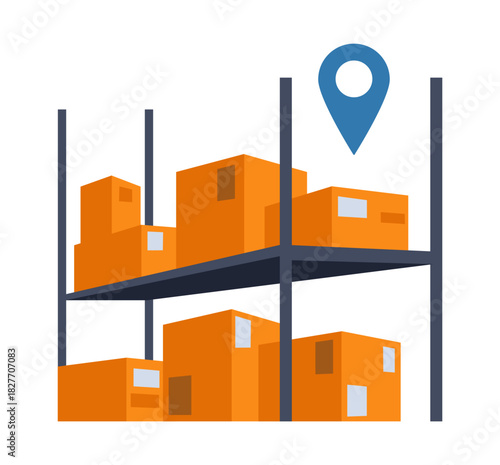 Export supply. Cargo delivery. Warehouse shelves with cardboard boxes. Location map pin. GPS tracking. Storage and distribution. Postal parcel crates at rack. Logistic support service. Vector concept