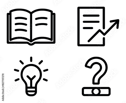 Education and knowledge symbols: book, graph, lightbulb, question mark icons