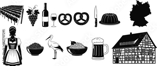 Traditional German cultural symbols including food, drinks, architecture, costumes, wildlife, maps, vineyards, and regional specialties illustrated in clean black silhouette style, vector.