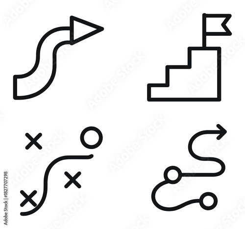 Abstract strategy icons: arrows, targets, paths, goals in minimalist design