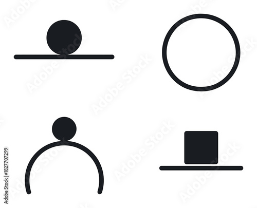 Minimalist geometric icon set with circular and square shapes on dark background