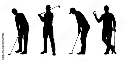Golf player walking silhouette set - vector illustration