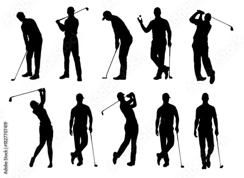 Golf player walking silhouette set - vector illustration