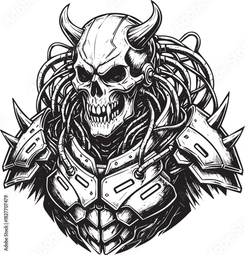 Cybernetic Skull Warrior with Horns and Mechanical Armor Digital Illustration Art Design