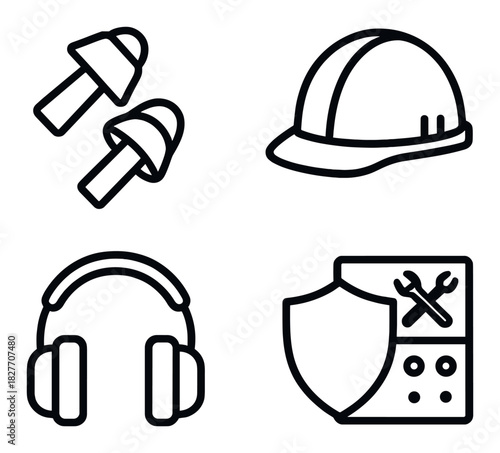 Safety gear icons: earplugs, hard hat, headphones, safety shield tools