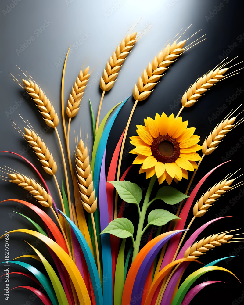 Naklejka premium Golden wheat background with Sunflower 