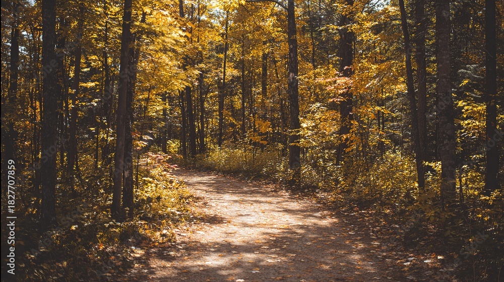 Obraz premium narrow. Narrow forest path with autumn leaves and dappled sunlight. representing seasonal cycles and harvest abundance, travel magazines, designed for travel destination branding.
