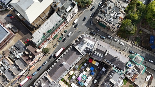 Overhead birds eye aerial view  Colourful Outdoor Market Stalls and high street  Richmond Town Centre UK