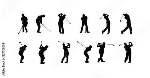 Silhouette vector set of golfer action pose with club, swing, putt and ball, black isolated graphic vector illustration.