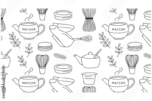 Seamless matcha line-art background with teapots, whisks, jars, and cups