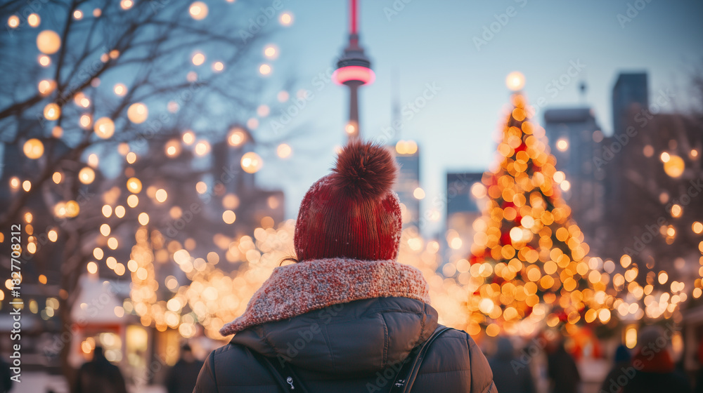Fototapeta premium City park decorated with holiday lights and Christmas tree as people enjoy the festive atmosphere in Toronto during winter evening