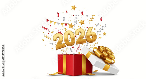 Unwrap the future with 2026 golden numbers exploding from a festive gift box