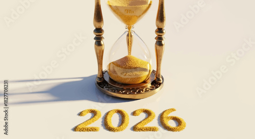 Countdown to 2026 with golden sand hourglass, future business planning concept