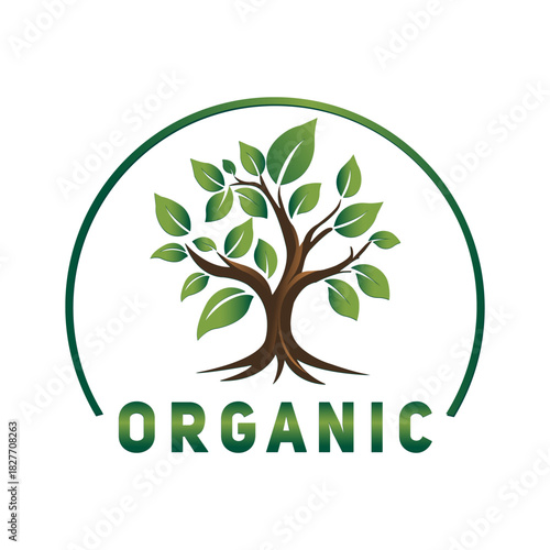 A graphic illustration of a tree with the word "ORGANIC" written below it, enclosed within a green circle. The design symbolizes nature, growth, and organic products logo Vector.