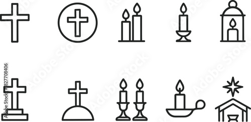 Christmas symbols icons set. Nativity, candle, star, tree, bell, angel, religious holiday outline illustrations
