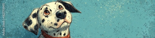 A cartoon-style illustration features an adorable Dalmatian puppy with distinctive black spots, gazing upwards with curious, soulful eyes on a blue background.