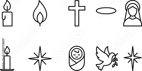 Christmas symbols icons set. Nativity, candle, star, tree, bell, angel, religious holiday outline illustrations