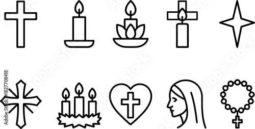 Christmas symbols icons set. Nativity, candle, star, tree, bell, angel, religious holiday outline illustrations