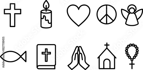 Christmas symbols icons set. Nativity, candle, star, tree, bell, angel, religious holiday outline illustrations