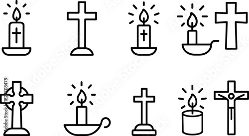 Christmas symbols icons set. Nativity, candle, star, tree, bell, angel, religious holiday outline illustrations