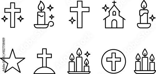 Christmas symbols icons set. Nativity, candle, star, tree, bell, angel, religious holiday outline illustrations
