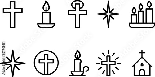 Christmas symbols icons set. Nativity, candle, star, tree, bell, angel, religious holiday outline illustrations