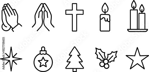 Christmas symbols icons set. Nativity, candle, star, tree, bell, angel, religious holiday outline illustrations