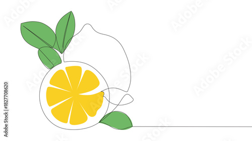 Lemon with Leaves Continuous One Line Drawing. Black Line Fruit Sketch on White Background. Citrus Contour Outline Illustration .eps