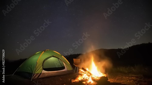 Serene Nighttime Camping Scene: A Glowing Campfire Flickers Beside a Tent Under a Starry Sky