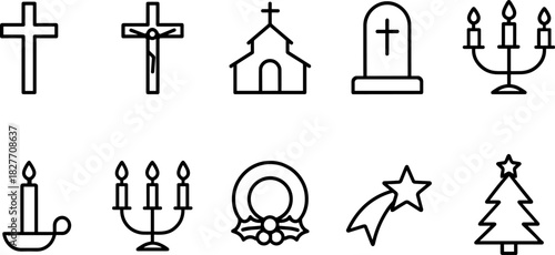 Christmas symbols icons set. Nativity, candle, star, tree, bell, angel, religious holiday outline illustrations