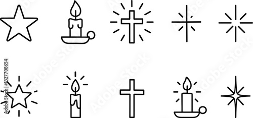 Christmas symbols icons set. Nativity, candle, star, tree, bell, angel, religious holiday outline illustrations