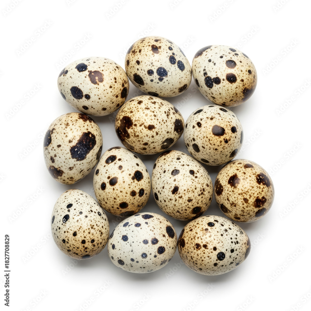 Obraz premium Aerial view of quail eggs with speckled shells, displayed on a clean white background, emphasizing their distinct forms.