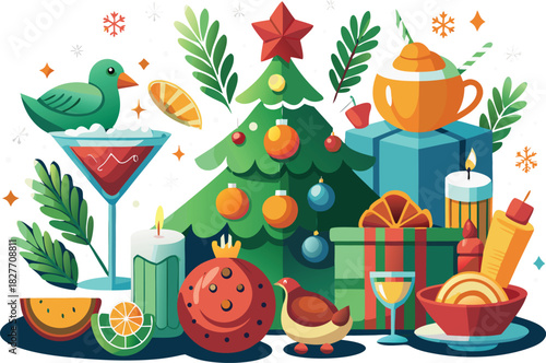 Festive winter holiday season celebration with Christmas tree, gifts, cocktail, and treats, perfect for holiday cards, invitations, and seasonal designs, inviting warmth and joy