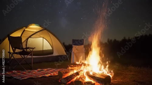 Warm Campfire Burning Brightly at Night with a Lit Camping Tent and Starry Sky in the Background
