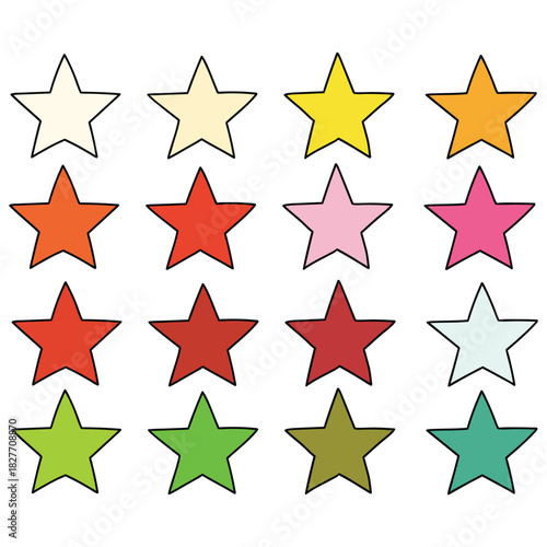 Hand-drawn cartoon set of colored stars on a white background.