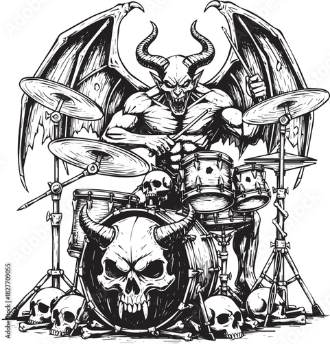 Infernal drummer illustration featuring horned demon with wings beating the drums surrounded by skulls monochrome art